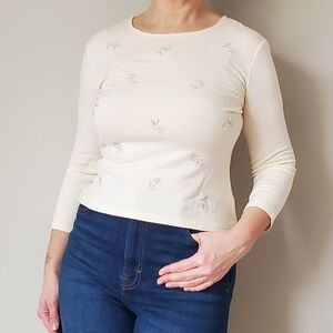Moisselle Cream Embroidered Wool Top With 3/4 Sleeves